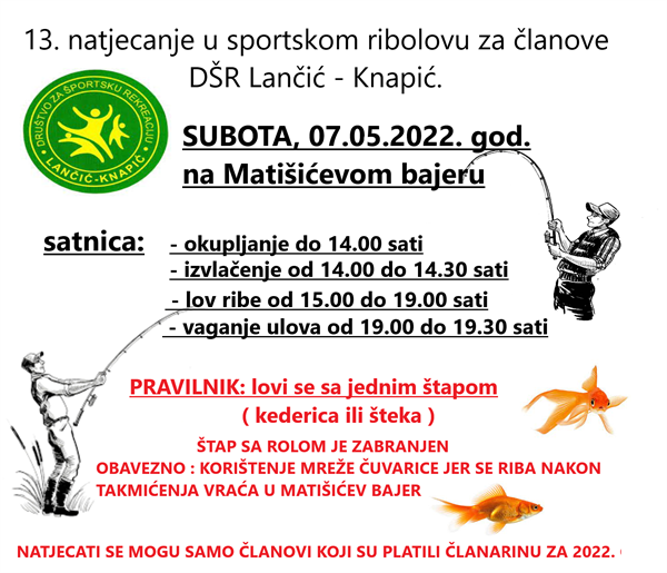 NAJAVA: 13. NATJECANJE U SPORTSKOM RIBOLOVU - za članove DŠR Lančić - Knapić